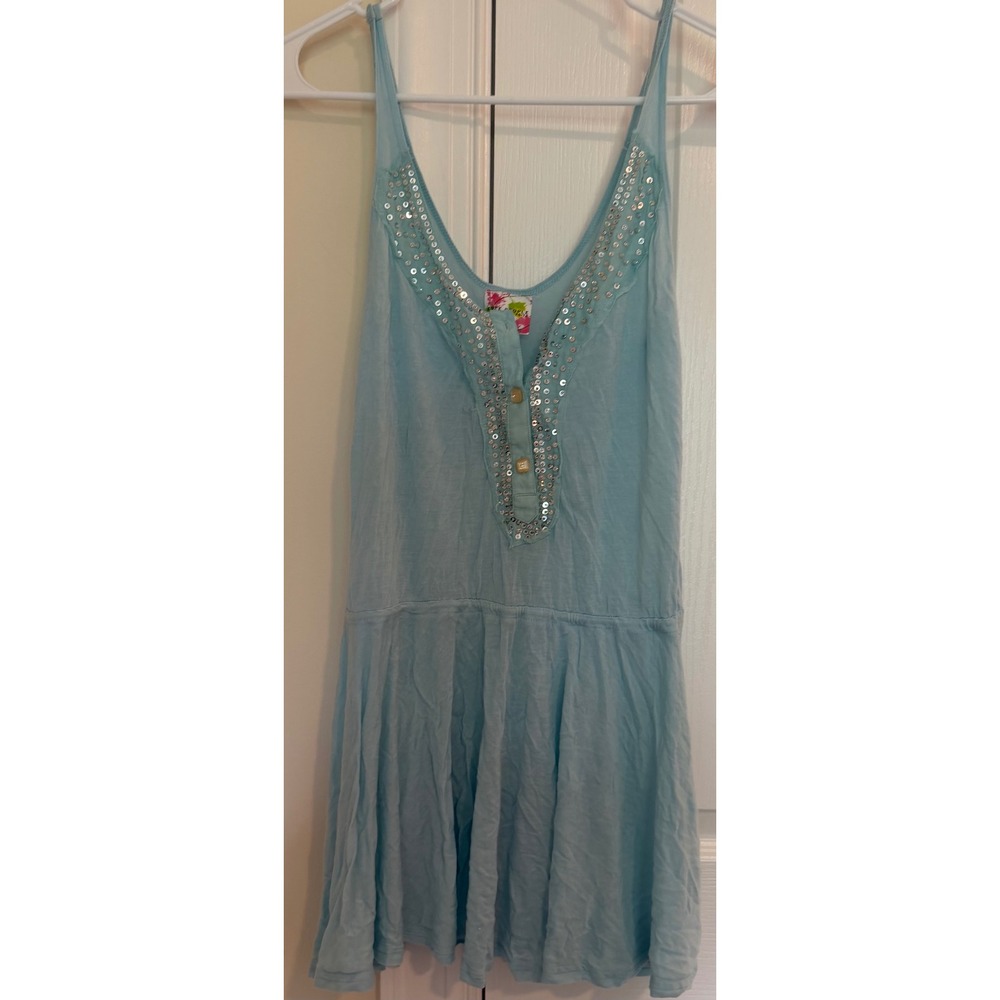 Free People Light Blue Sequin V-Neck Mini swim  coverup DressXS Boho  Back